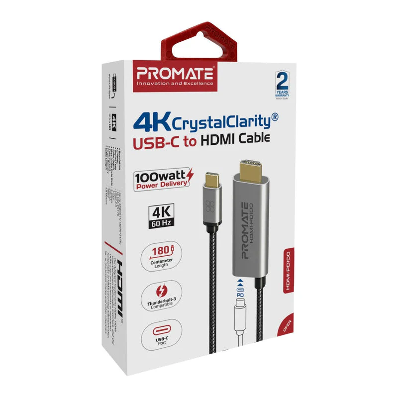 Promate HDMI-PD100 4K Crystal Clarity USB-C To HDMI Cable 4K Ultra HD 100W Power - Image 2