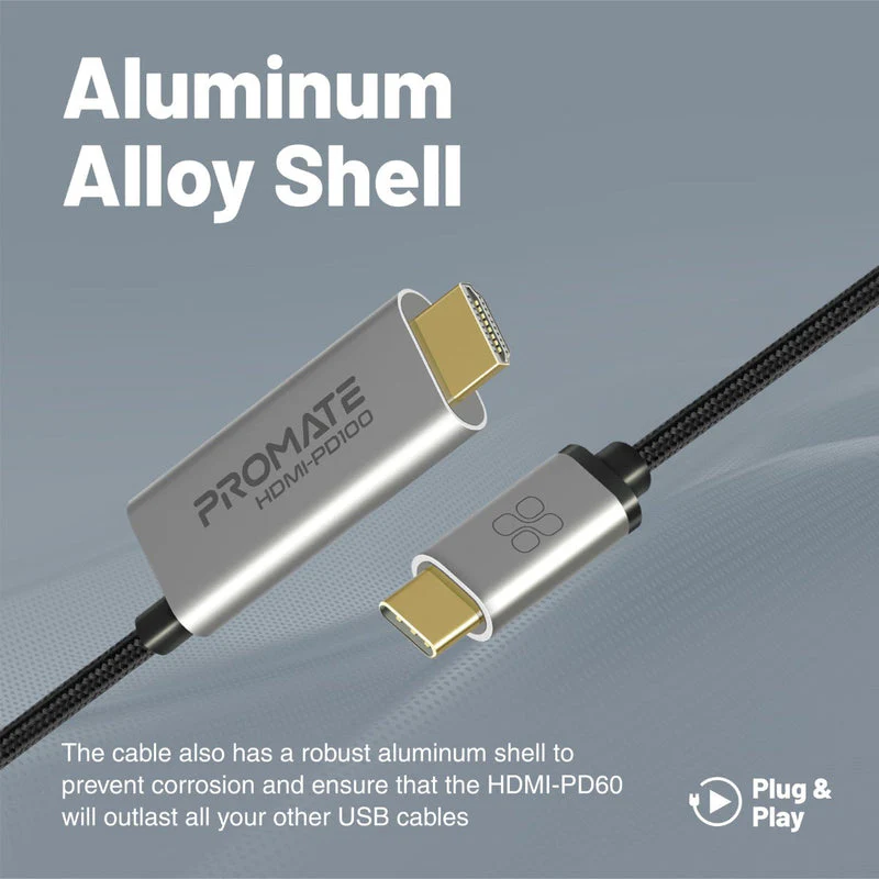 Promate HDMI-PD100 4K Crystal Clarity USB-C To HDMI Cable 4K Ultra HD 100W Power - Image 4