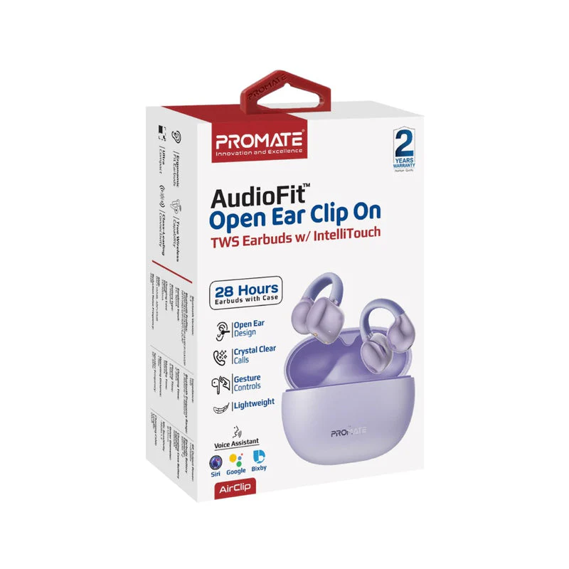 Promate AirClip AudioFit Open Ear Clip On TWS Earbuds With IntelliTouch (Black, Purple, White) - Image 13