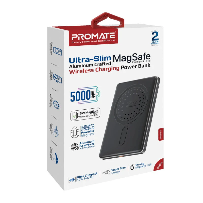 Promate Blade-5 USB-C 5000mAh Ultra-Slim Aluminum Crafted MagSafe Compatible Wireless Charging PowerBank (Black, Blue) - Image 10