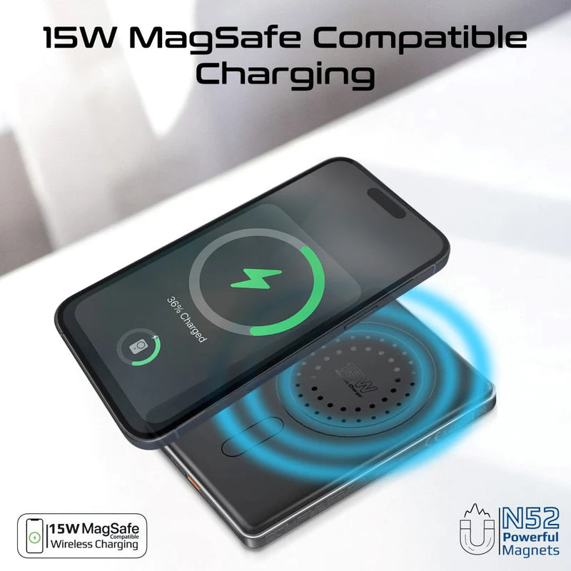Promate Blade-5 USB-C 5000mAh Ultra-Slim Aluminum Crafted MagSafe Compatible Wireless Charging PowerBank (Black, Blue) - Image 7