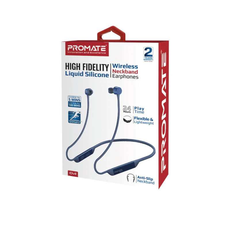 Promate Civil High-Fidelity Liquid Silicone Wireless Neckband Earphones (Blue) - Image 7