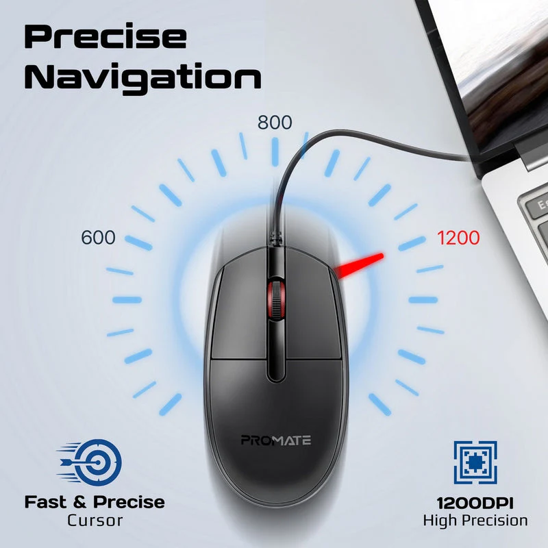 Promate CM-1200 Ergonomic Design Wired Optical Mouse (Black) - Image 3