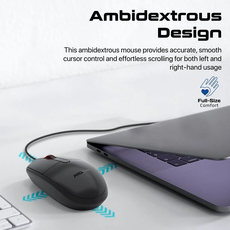 Promate CM-1200 Ergonomic Design Wired Optical Mouse (Black) - Image 5