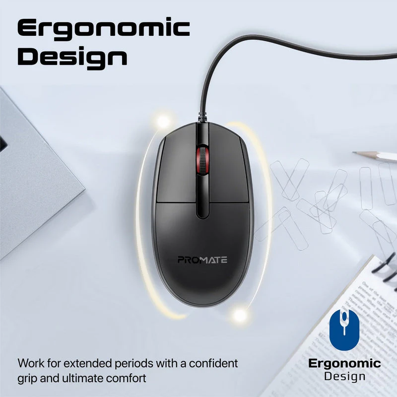 Promate CM-1200 Ergonomic Design Wired Optical Mouse (Black) - Image 6
