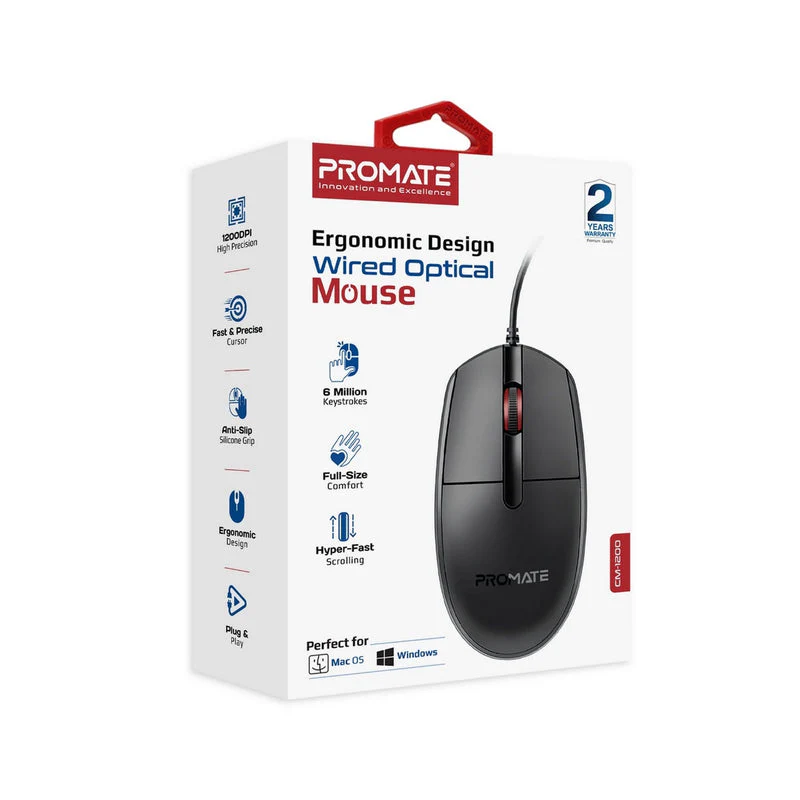 Promate CM-1200 Ergonomic Design Wired Optical Mouse (Black) - Image 7