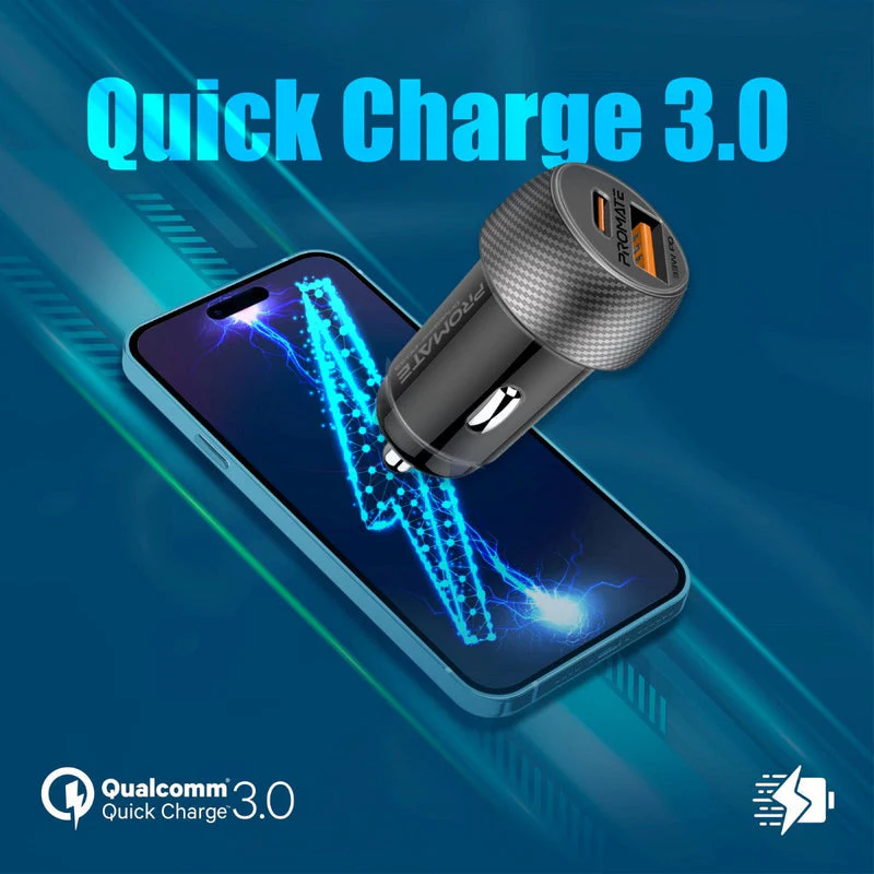 Promate DriveGear-PD33 Ultra-Fast Dual Port Car Charger with 33W Power Delivery & QC 3.0 - Image 6