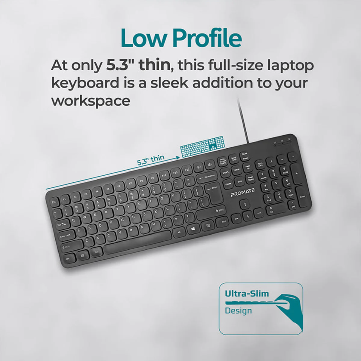 Promate Easykey-4 Ultra-Slim Quiet Key Wired Keyboard (Black) - Image 3