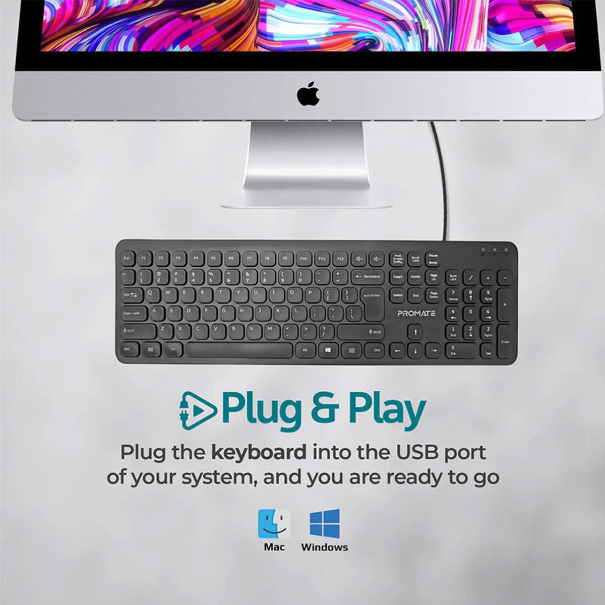 Promate Easykey-4 Ultra-Slim Quiet Key Wired Keyboard (Black) - Image 4