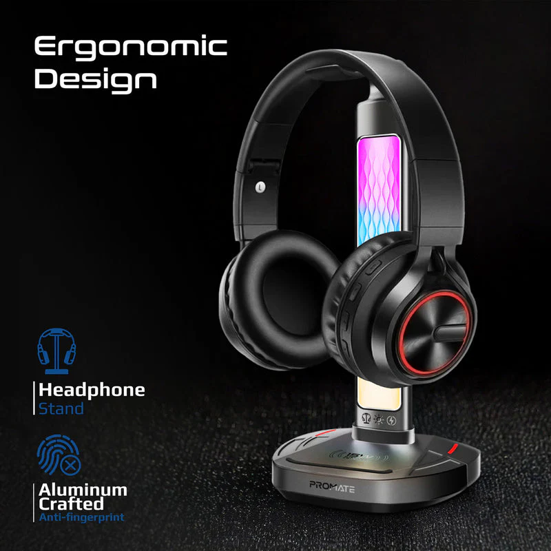 Promate FortX Multifunctional RGB Headset Stand with 15W Wireless Charger & USB Hub - Image 3