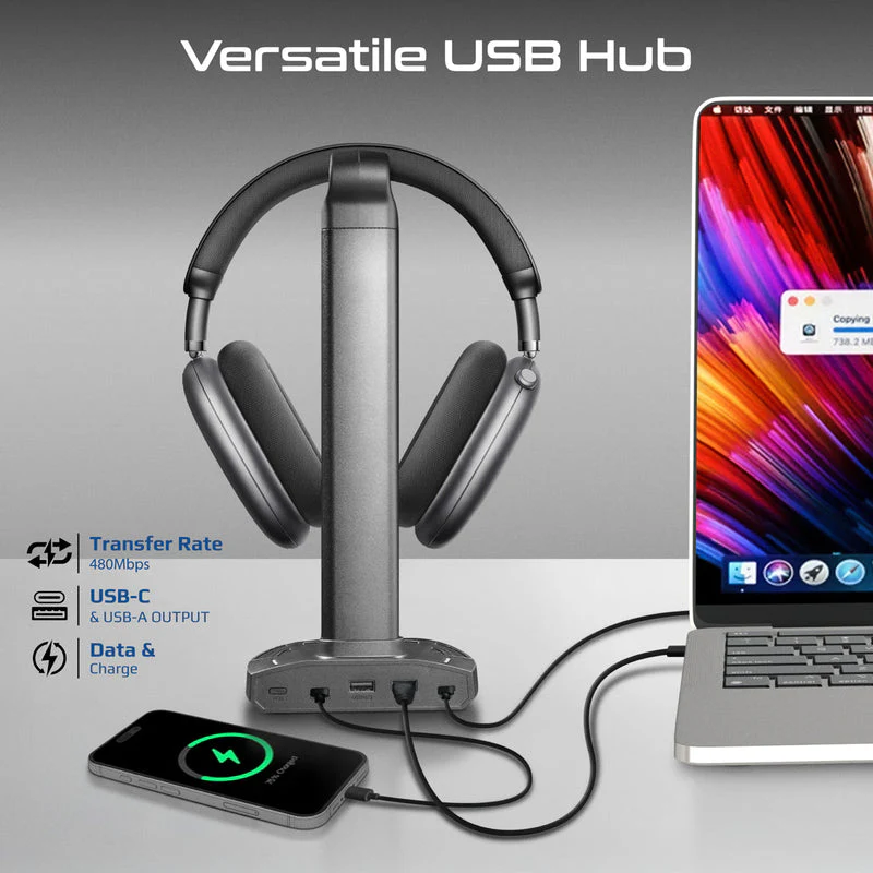 Promate FortX Multifunctional RGB Headset Stand with 15W Wireless Charger & USB Hub - Image 4