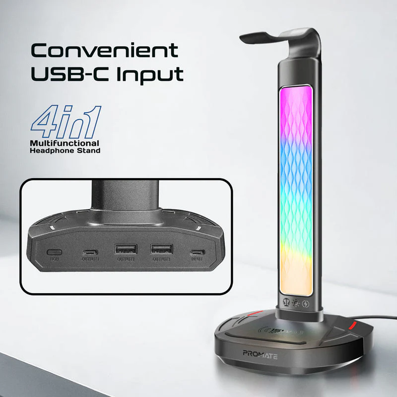 Promate FortX Multifunctional RGB Headset Stand with 15W Wireless Charger & USB Hub - Image 5