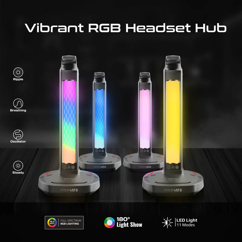 Promate FortX Multifunctional RGB Headset Stand with 15W Wireless Charger & USB Hub - Image 7