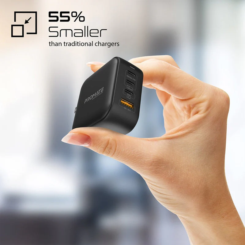 Promate GaNPort4-100PD 100W Power Delivery GaNFast Charger with Quick Charge 3.0 (Black) - Image 2