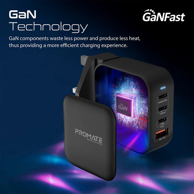 Promate GaNPort4-100PD 100W Power Delivery GaNFast Charger with Quick Charge 3.0 (Black) - Image 3