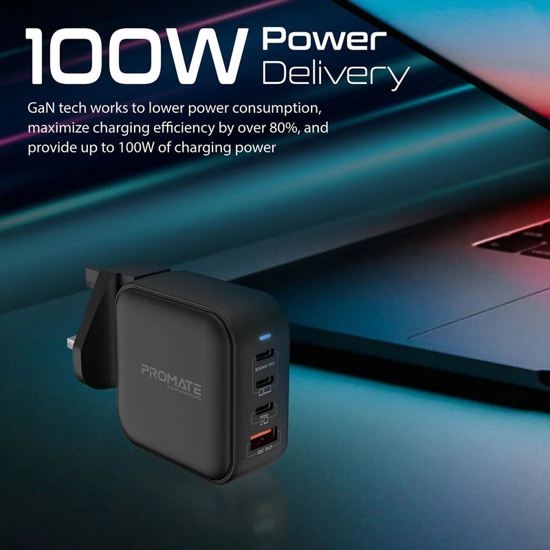 Promate GaNPort4-100PD 100W Power Delivery GaNFast Charger with Quick Charge 3.0 (Black) - Image 4