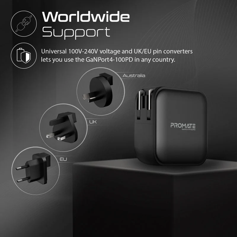 Promate GaNPort4-100PD 100W Power Delivery GaNFast Charger with Quick Charge 3.0 (Black) - Image 6