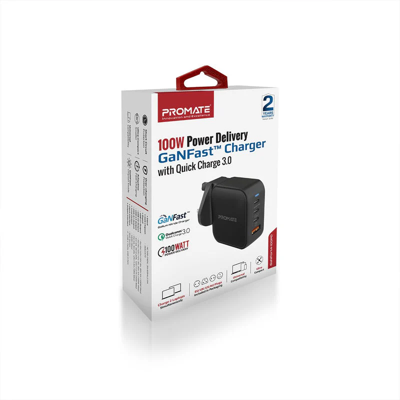 Promate GaNPort4-100PD 100W Power Delivery GaNFast Charger with Quick Charge 3.0 (Black) - Image 7