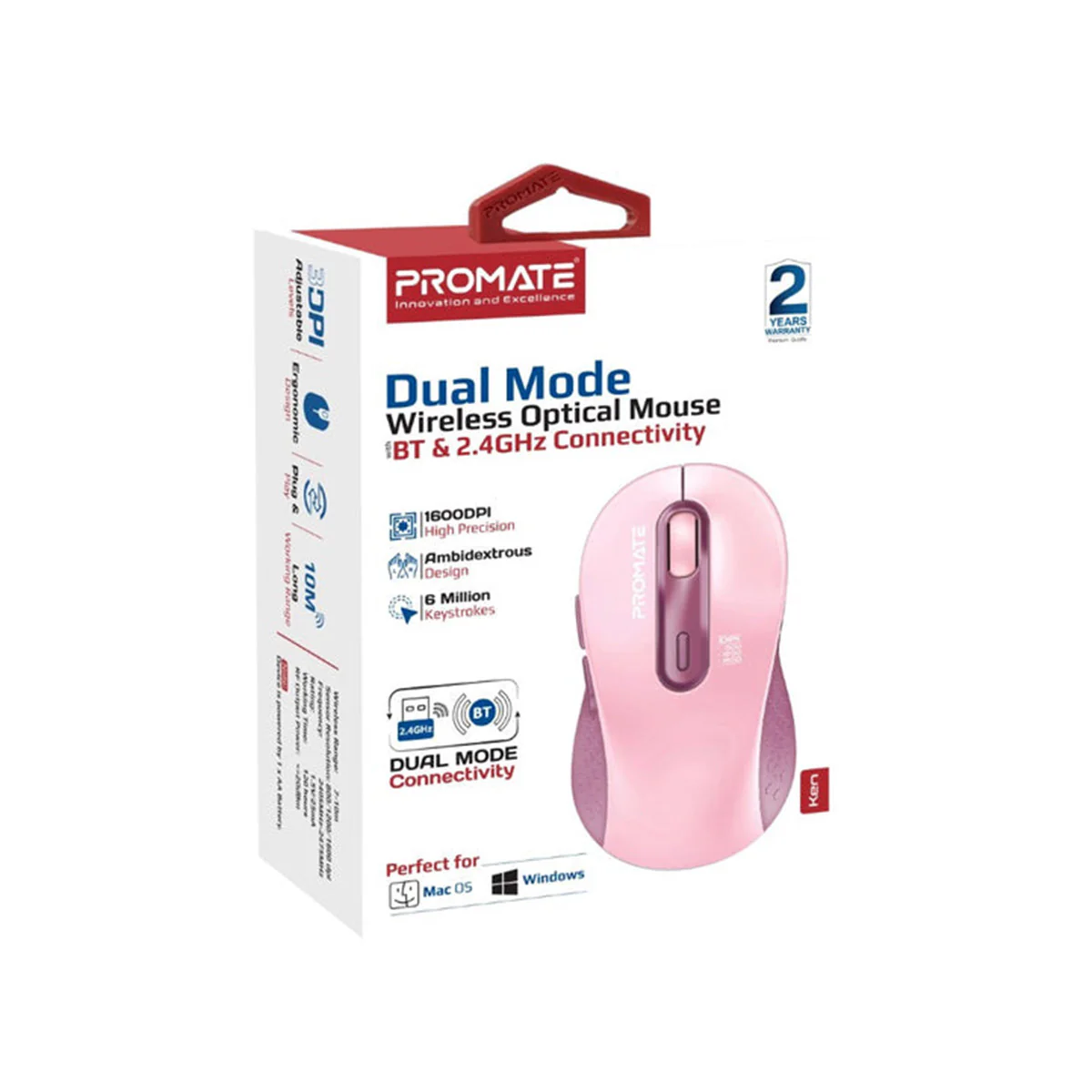 Promate Ken Dual Mode Wireless Optical Mouse With BT & RF Connectivity (Pink) - Image 2