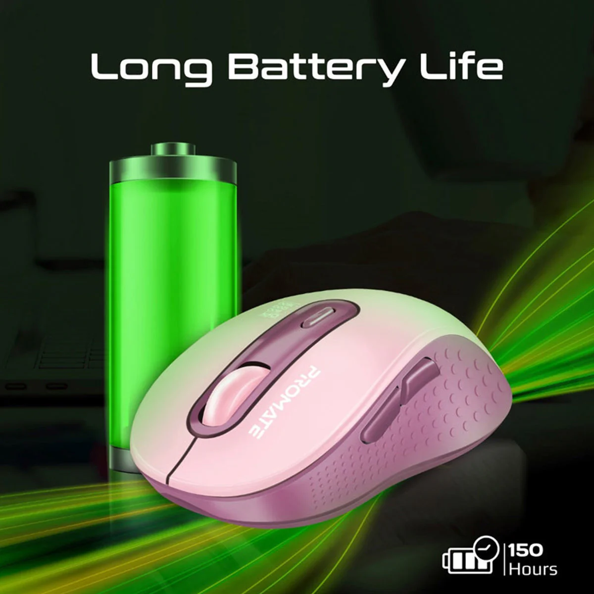 Promate Ken Dual Mode Wireless Optical Mouse With BT & RF Connectivity (Pink) - Image 4