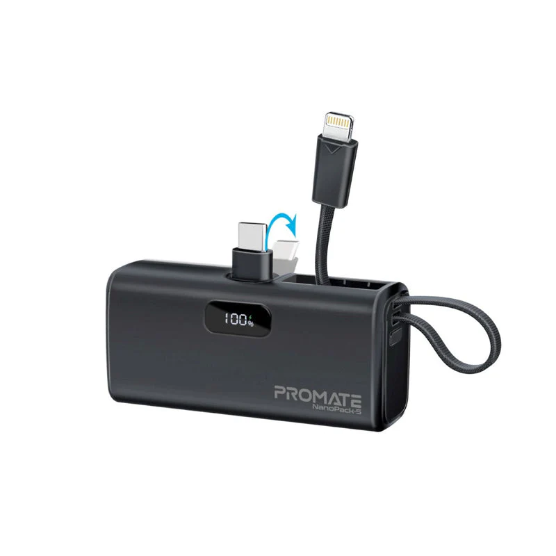 Promate NanoPack-5 5000mAH 20W Pocket-Size Fast Charging Power Bank Foldable USB-C Connector & Lightning Cable (Black)