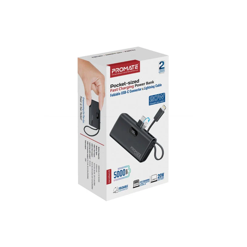 Promate NanoPack-5 5000mAH 20W Pocket-Size Fast Charging Power Bank Foldable USB-C Connector & Lightning Cable (Black) - Image 10