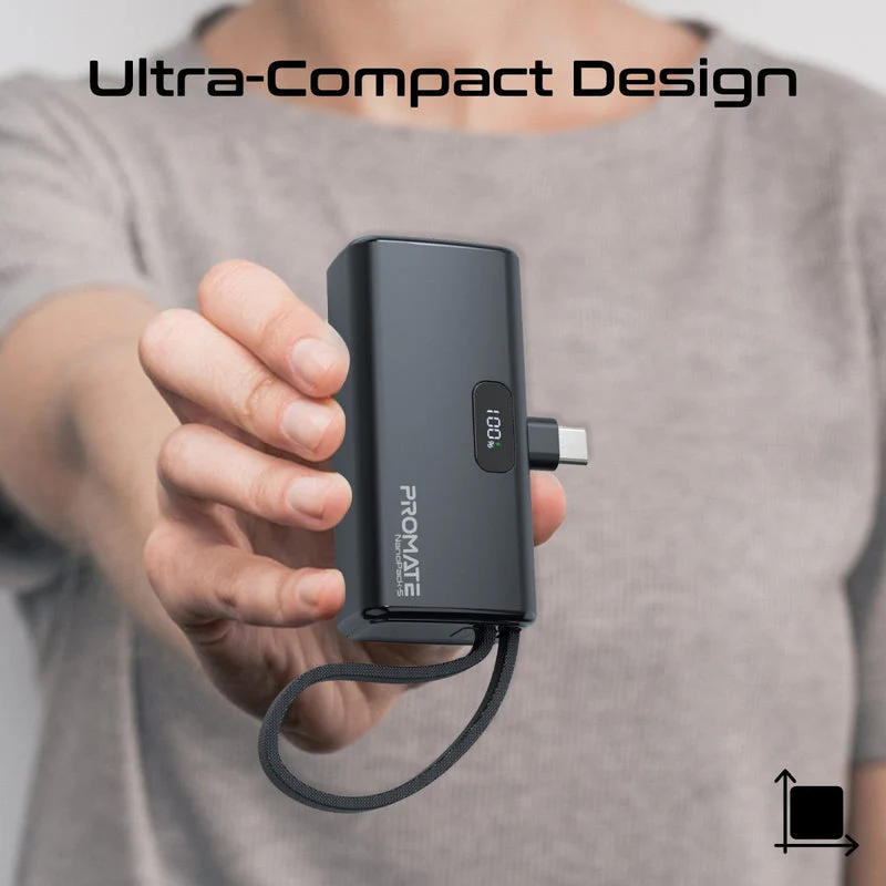 Promate NanoPack-5 5000mAH 20W Pocket-Size Fast Charging Power Bank Foldable USB-C Connector & Lightning Cable (Black) - Image 2
