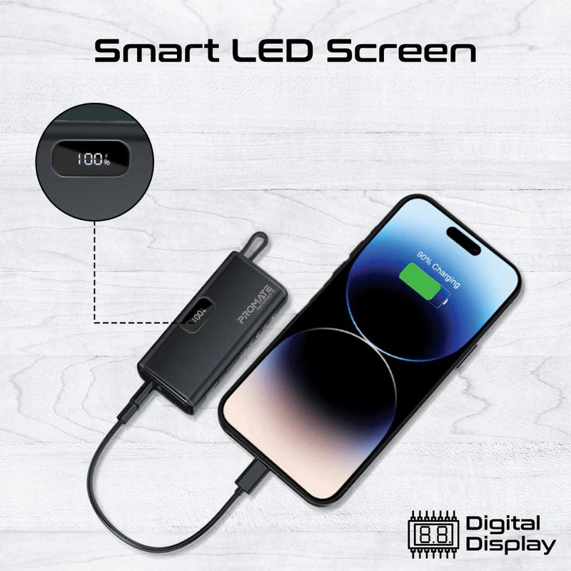 Promate NanoPack-5 5000mAH 20W Pocket-Size Fast Charging Power Bank Foldable USB-C Connector & Lightning Cable (Black) - Image 4