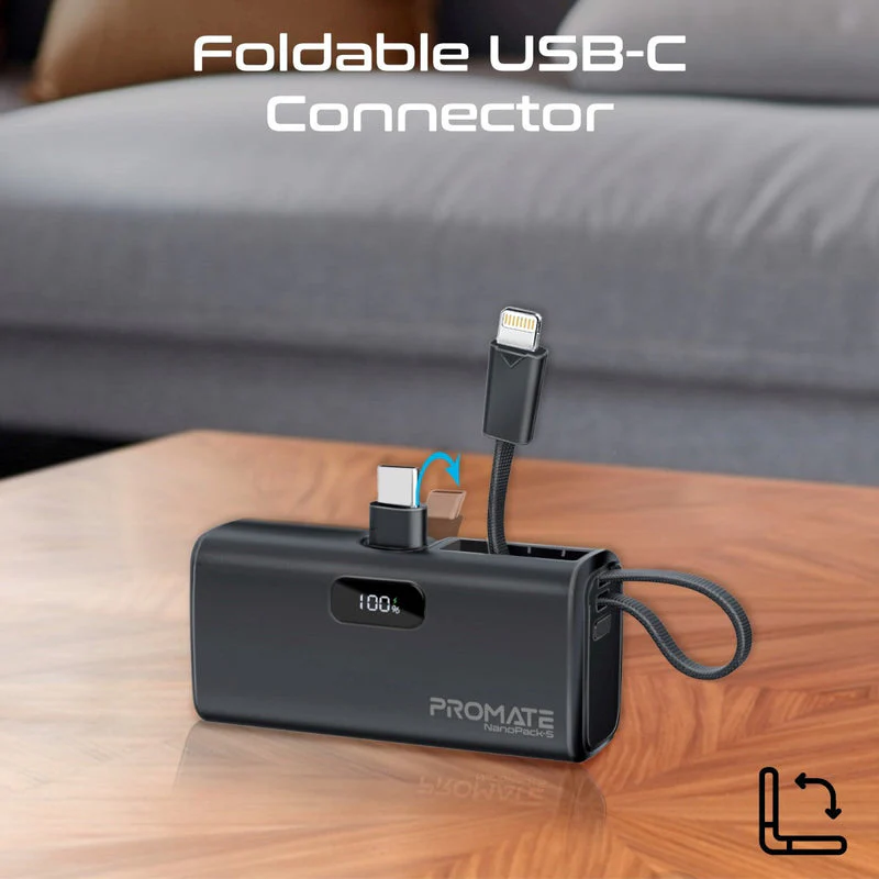 Promate NanoPack-5 5000mAH 20W Pocket-Size Fast Charging Power Bank Foldable USB-C Connector & Lightning Cable (Black) - Image 6