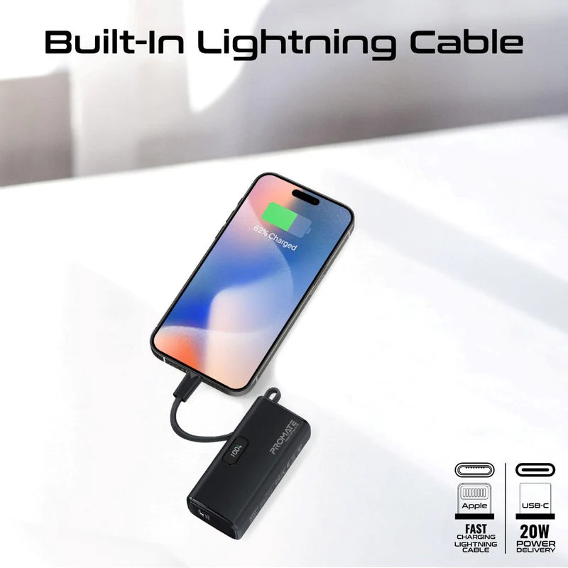 Promate NanoPack-5 5000mAH 20W Pocket-Size Fast Charging Power Bank Foldable USB-C Connector & Lightning Cable (Black) - Image 8