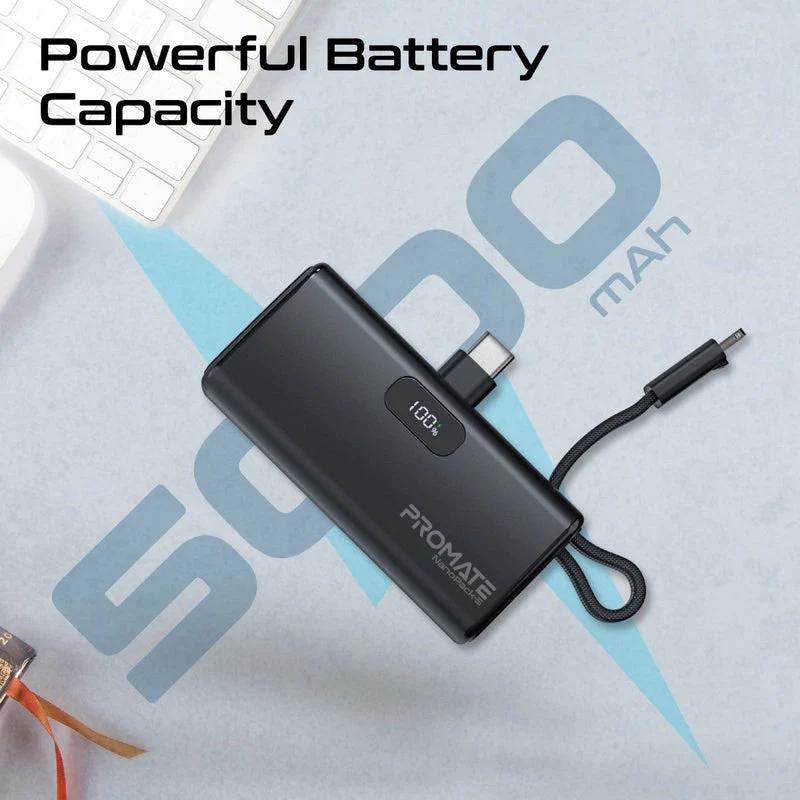 Promate NanoPack-5 5000mAH 20W Pocket-Size Fast Charging Power Bank Foldable USB-C Connector & Lightning Cable (Black) - Image 9