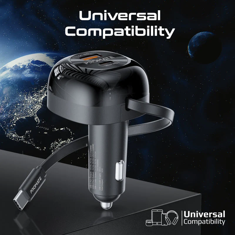 Promate PowerDrive-RC65 62W Multi-Port Car Charger with Retractable USB-C Cable - Image 8