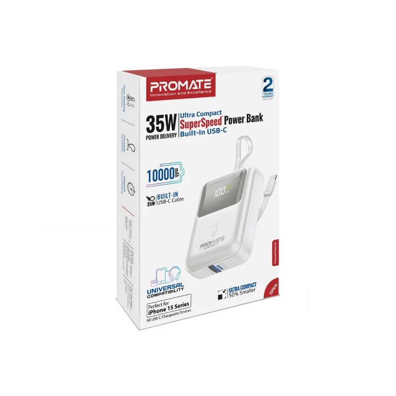 Promate Powerpod-10 10000mAh Ultra Compact 35W Superspeed Power Bank With Built-In USB-C Cable (Black, Blue, White) - Image 15