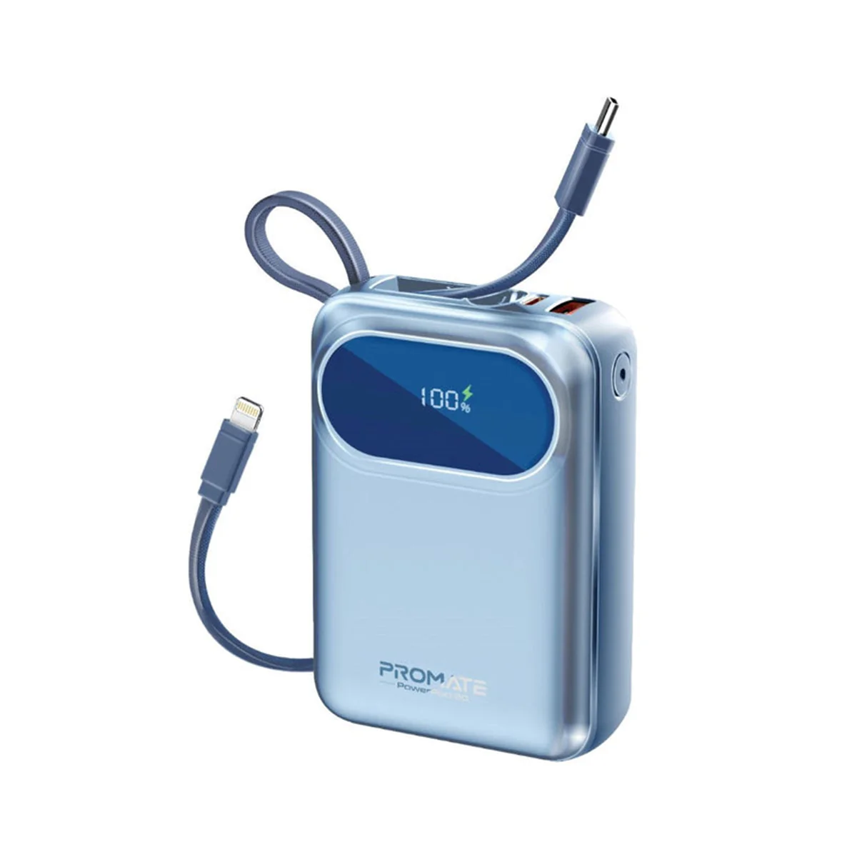 Promate PowerPod-20 20000mAH 35W Ultra Compact Super Speed Power Bank Built-In USB-C & Lightning Cable (Black, Blue, White) - Image 4