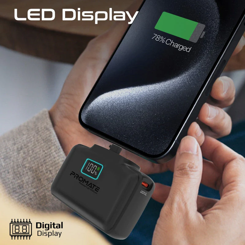 Promate PowerUp-10 Duo 10000mAh 20W Ultra-Compact Fast Charging PowerBank with Dual Folding USB-C & Lightning Connector (Black, White) - Image 9