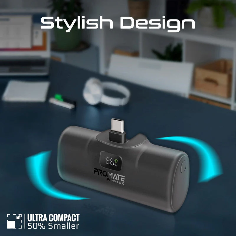 Promate PowerUp-C 5000mAH 20W Ultra-Compact Fast Charging Power Bank In-Built Foldable USB-C Connector (Black) - Image 5