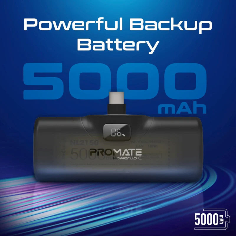 Promate PowerUp-C 5000mAH 20W Ultra-Compact Fast Charging Power Bank In-Built Foldable USB-C Connector (Black) - Image 7