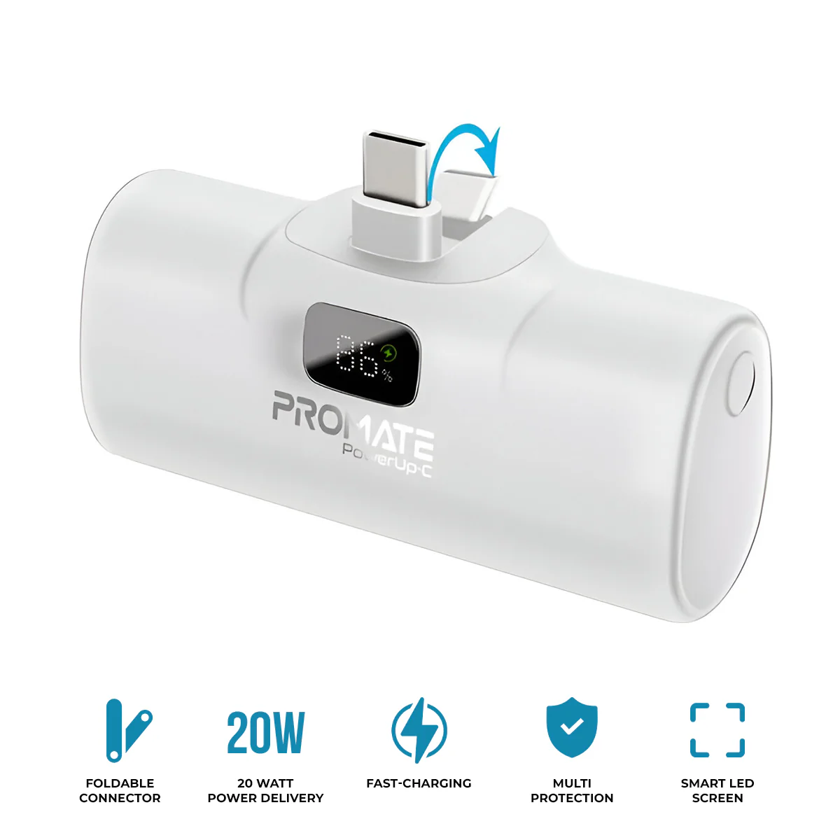 Promate PowerUp-C 5000mAh Ultra Compact 20W Fast Charging Power Bank In-Built Foldable Usb-C Connector (White)