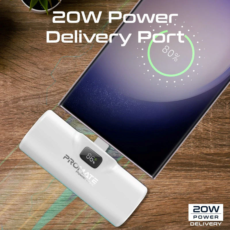 Promate PowerUp-C 5000mAh Ultra Compact 20W Fast Charging Power Bank In-Built Foldable Usb-C Connector (White) - Image 6
