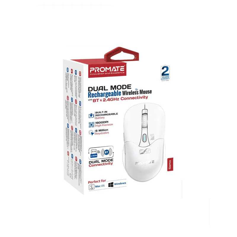 Promate Samo Dual Mode Rechargeable Wireless Mouse with BT & 2.4GHz Connectivity (White) - Image 8