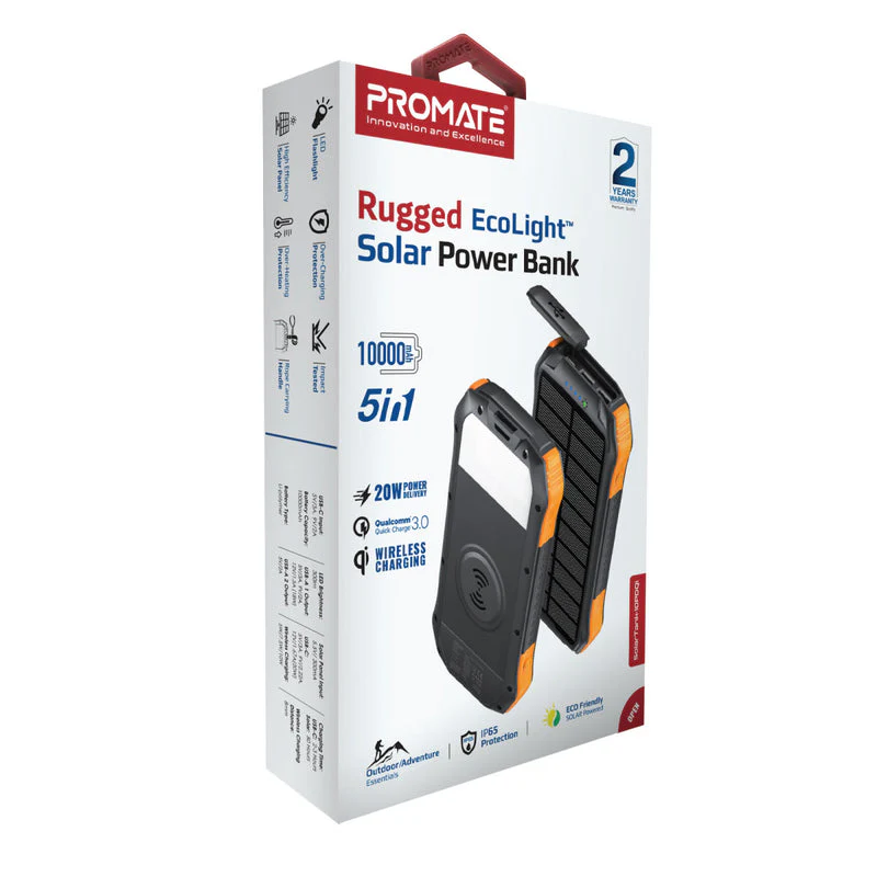 Promate SolarTank-10PDQI 10000mAH 20W Wireless Charging Rugged Ecolight Solar 5-in-1 Power Bank - Image 10