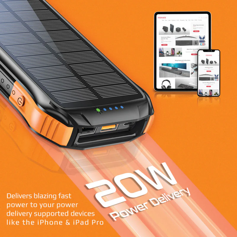 Promate SolarTank-10PDQI 10000mAH 20W Wireless Charging Rugged Ecolight Solar 5-in-1 Power Bank - Image 3