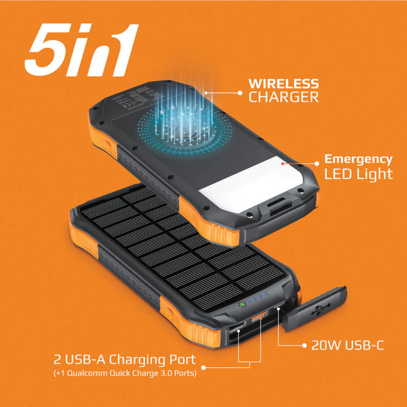 Promate SolarTank-10PDQI 10000mAH 20W Wireless Charging Rugged Ecolight Solar 5-in-1 Power Bank - Image 5