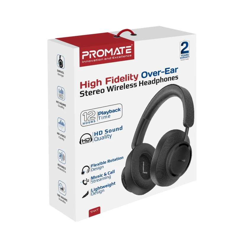 Promate Takt High Fidelity Over-Ear Stereo Wireless Headphones (Black, White) - Image 10