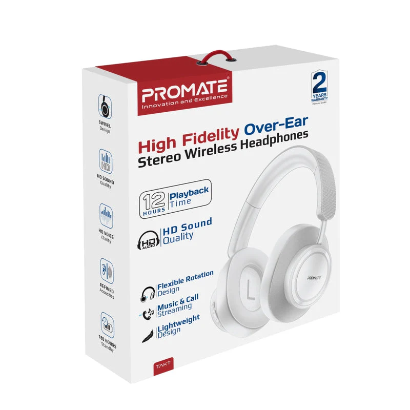 Promate Takt High Fidelity Over-Ear Stereo Wireless Headphones (Black, White) - Image 12