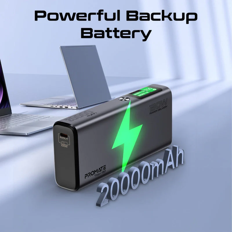 Promate Titan-130 20000mAh Sleek 130W Multi-Port Power Delivery Power Bank with TFT LCD Screen - Image 3