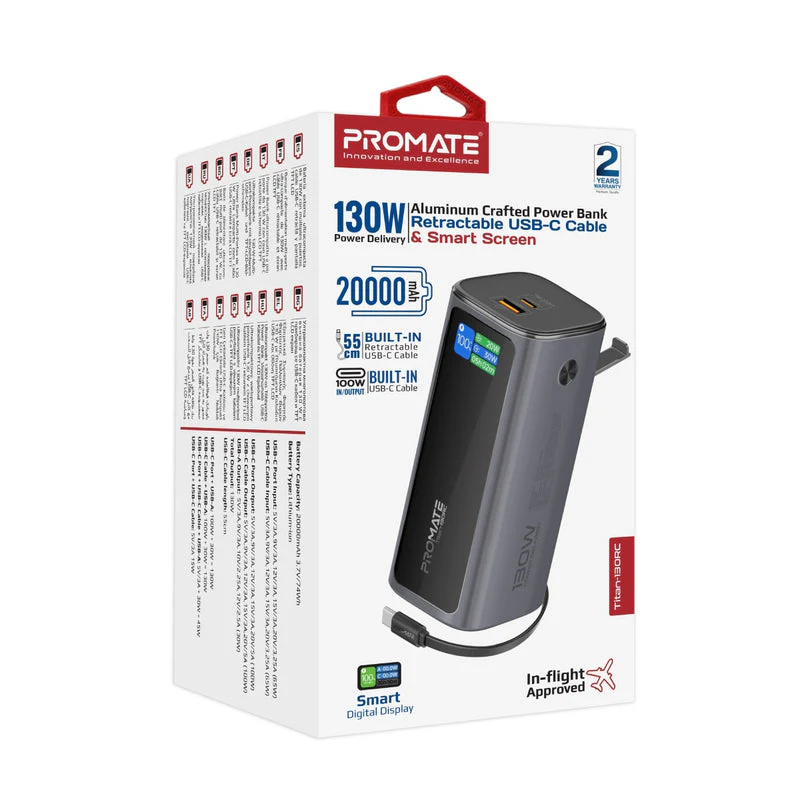 Promate Titan-130RC Ultra Compact 130W Multi-Port Power Bank with Retractable USB-C Cable & TFT LCD Screen - Image 10