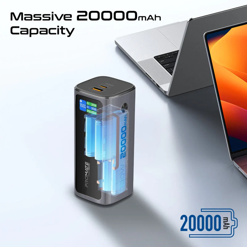 Promate Titan-130RC Ultra Compact 130W Multi-Port Power Bank with Retractable USB-C Cable & TFT LCD Screen - Image 9