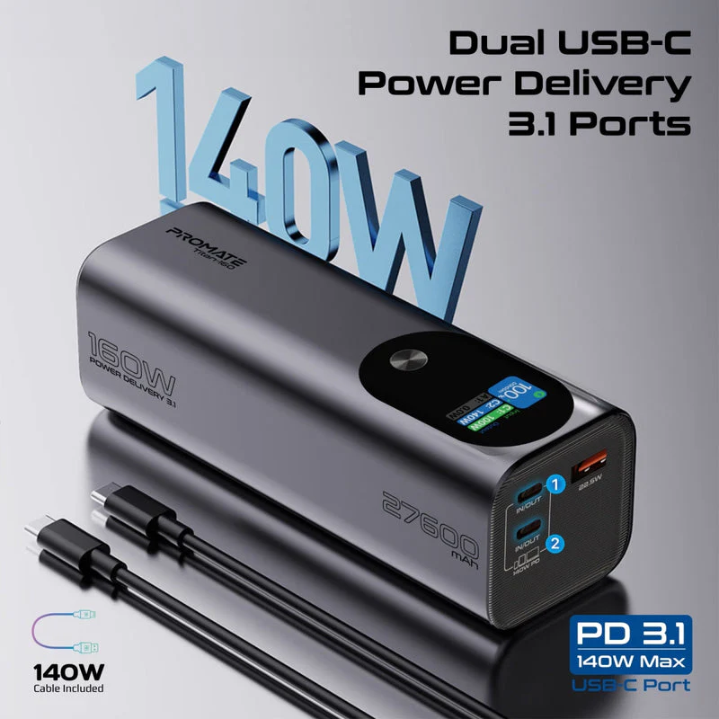 Promate Titan-160 27600mAh Ultra-Compact 160W Multi-Port PD 3.1 Power Bank with TFT LCD Screen - Image 11