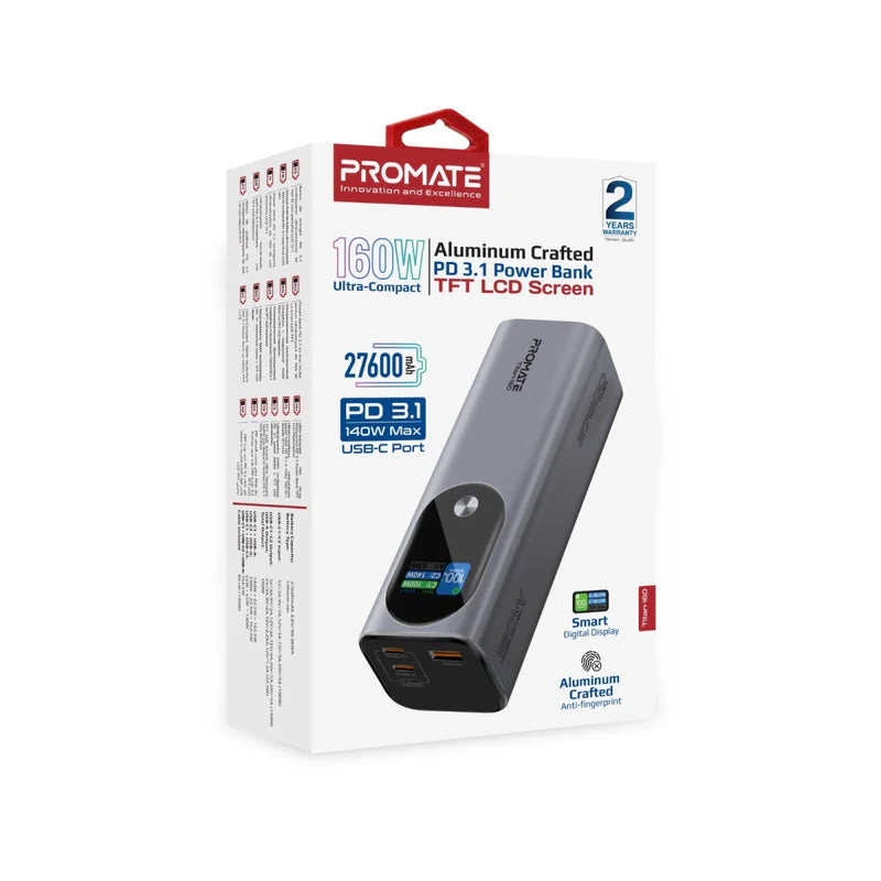 Promate Titan-160 27600mAh Ultra-Compact 160W Multi-Port PD 3.1 Power Bank with TFT LCD Screen - Image 12